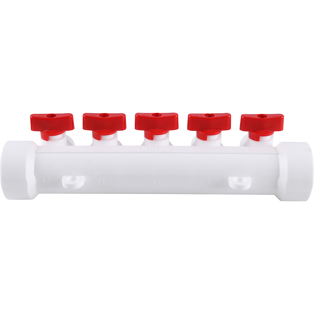 Kalde Коллектор с запорными кранами для полипропиленовых труб (5 выходов) цвет ручек красный