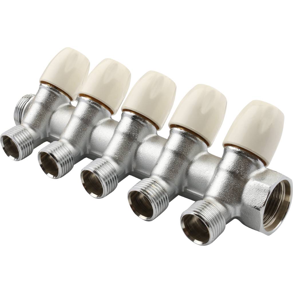 Распределительный коллектор TIEMME 3/4"x1/2" с регулировочными вентилями на 5 выходов хромированный