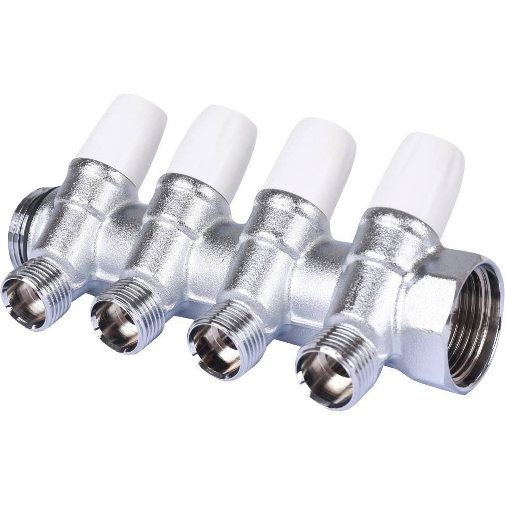 Распределительный коллектор TIEMME 1"x1/2" с регулировочными вентилями на 4 выхода (хромированный)