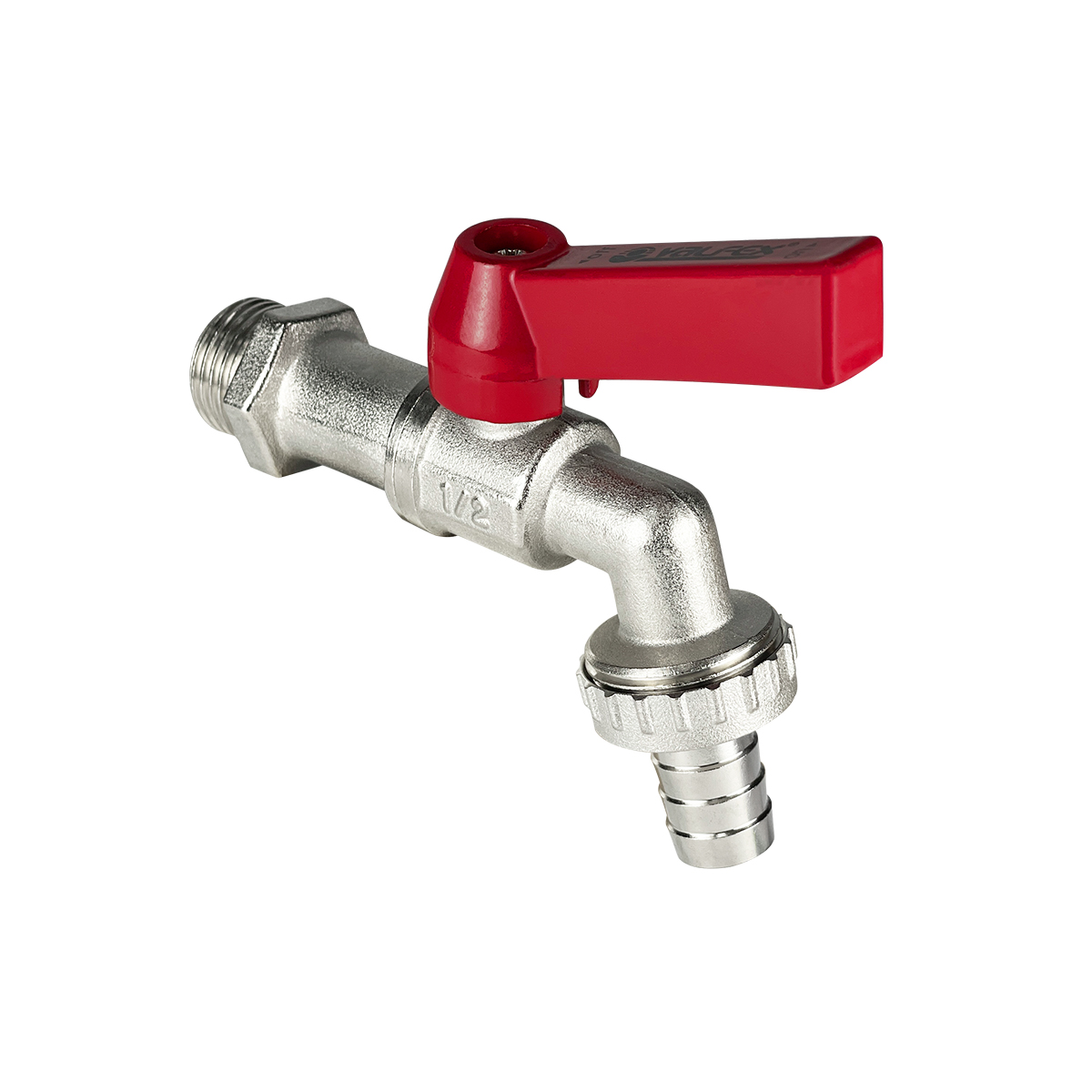 Кран шаровой латунный Valfex 1/2" со штуцером водоразборный (ручка-рычаг) никелированный