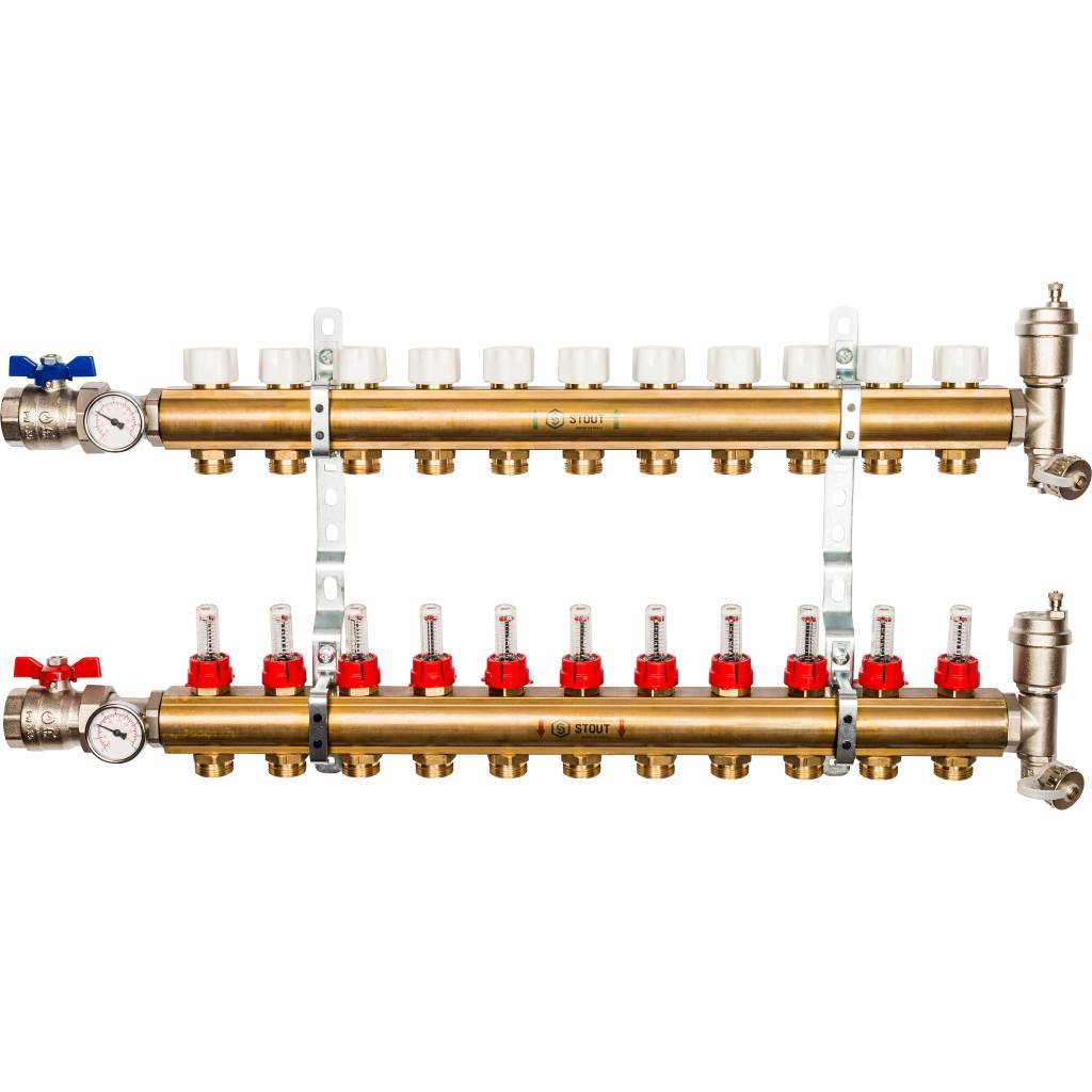 STOUT Распределительный коллектор из латуни с расходомерами 11 вых.