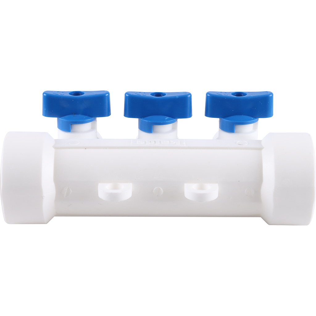 Kalde Коллектор с воздухоотводчиком и запорными кранами (3 выхода) цвет ручек синий