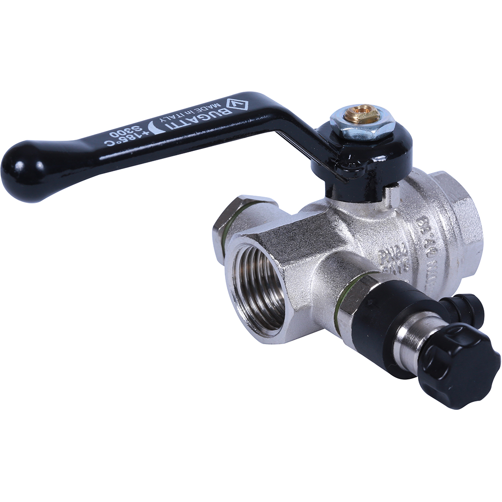 BUGATTI Oregon Кран шаровой 1/2" с дренажем и воздухоотводчиком, (ручка-рычаг алюминий) внут-внут
