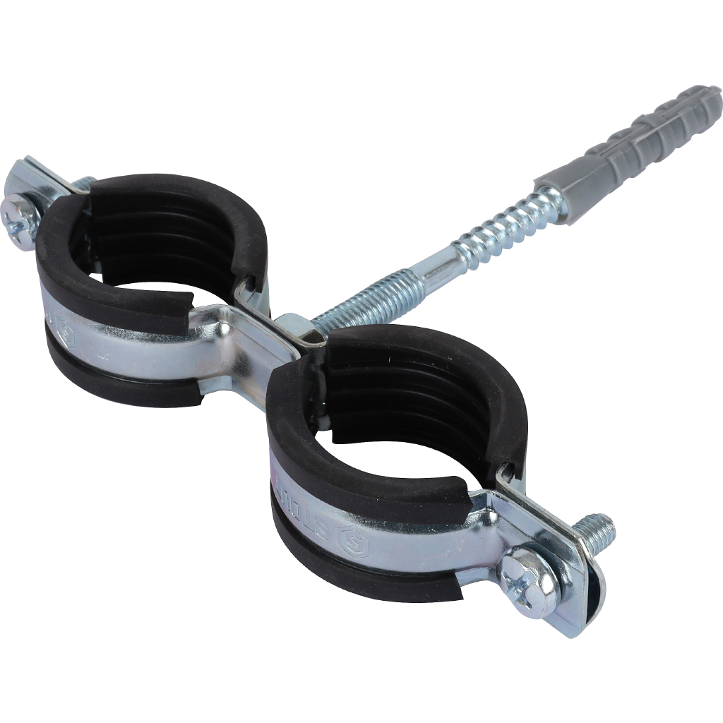 Сдвоенный хомут STOUT 1" (32-35) для труб комплект (хомут+шпилька шуруп +дюбель пластиковый)