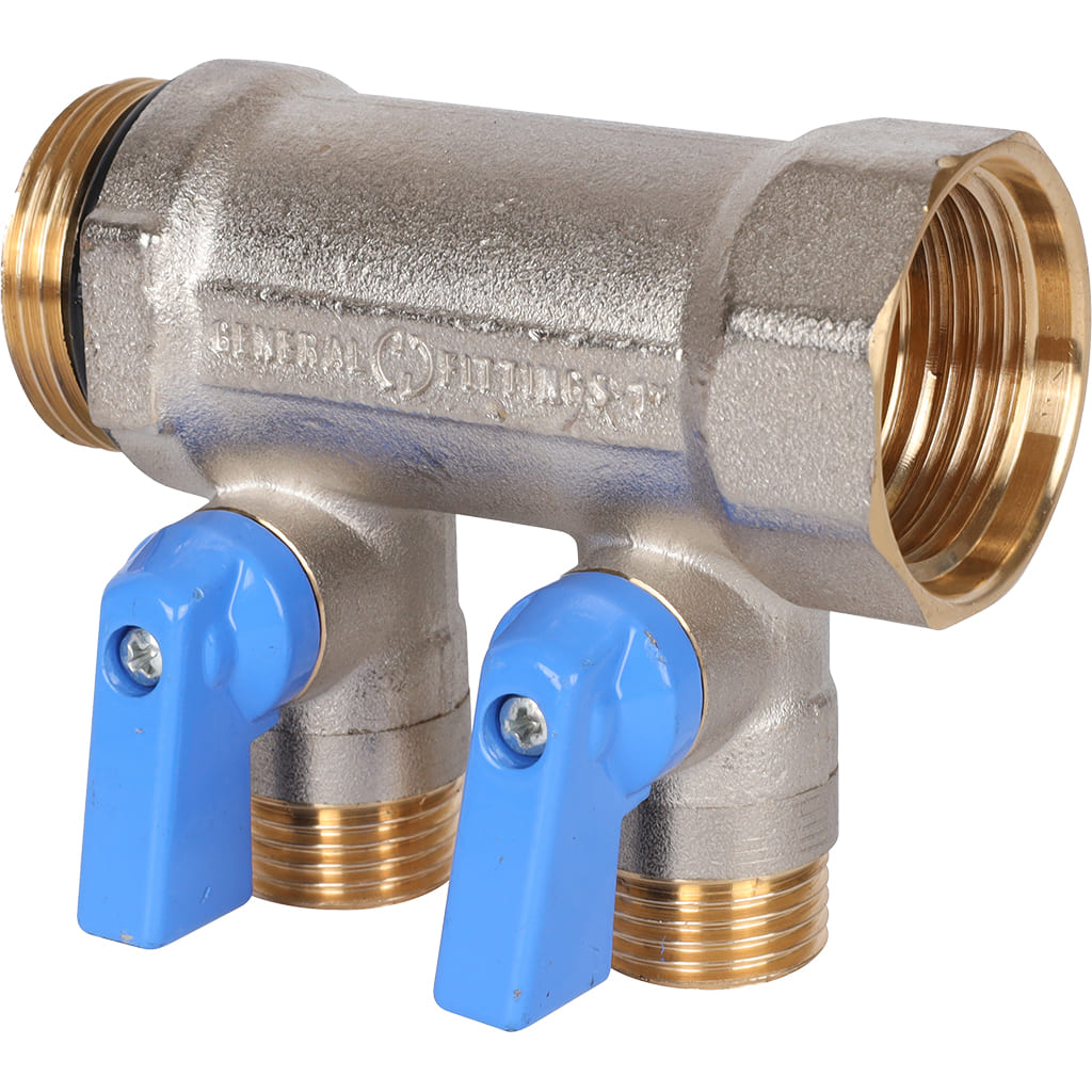 Распределительный коллектор STOUT 1"x1/2" с шаровыми кранами 2 отвода (синие ручки)