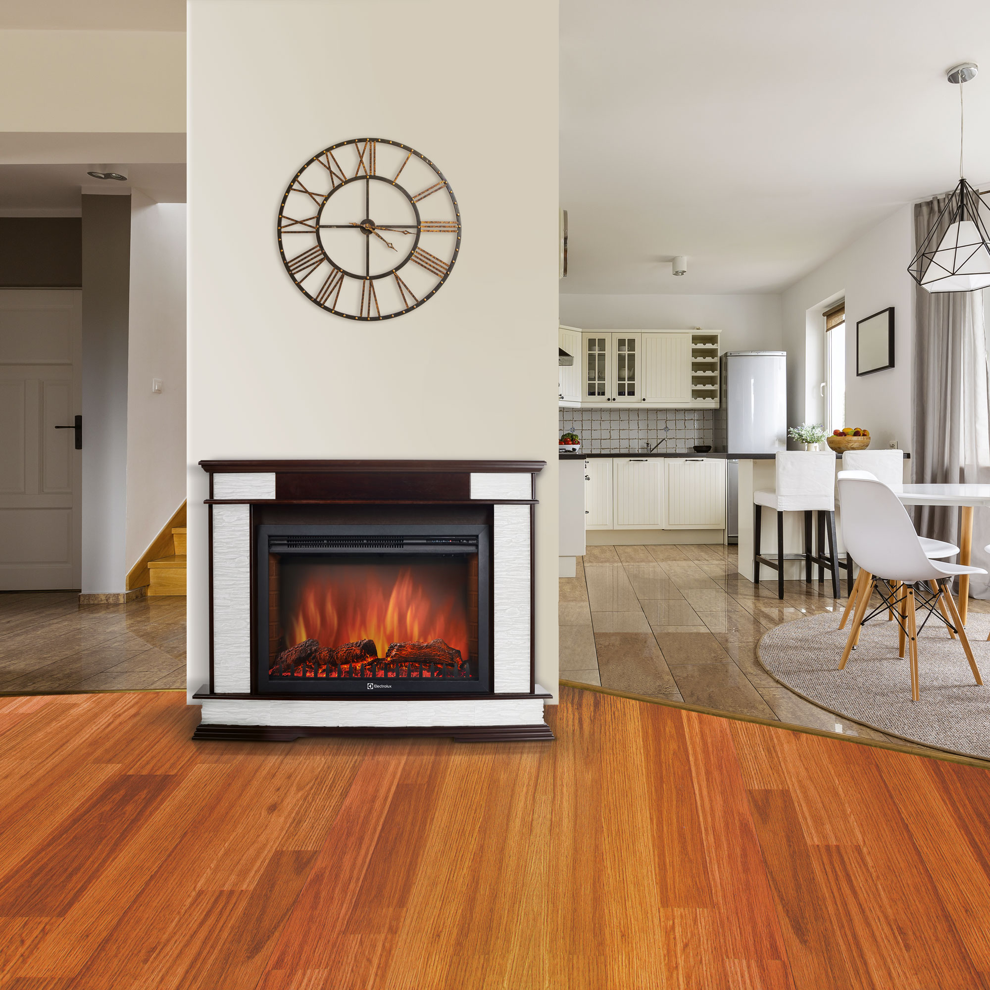 Каминокомплект Electrolux EFP/P-2520LS с порталом Scala 25 (сланец скалистый белый, шпон тёмный дуб)