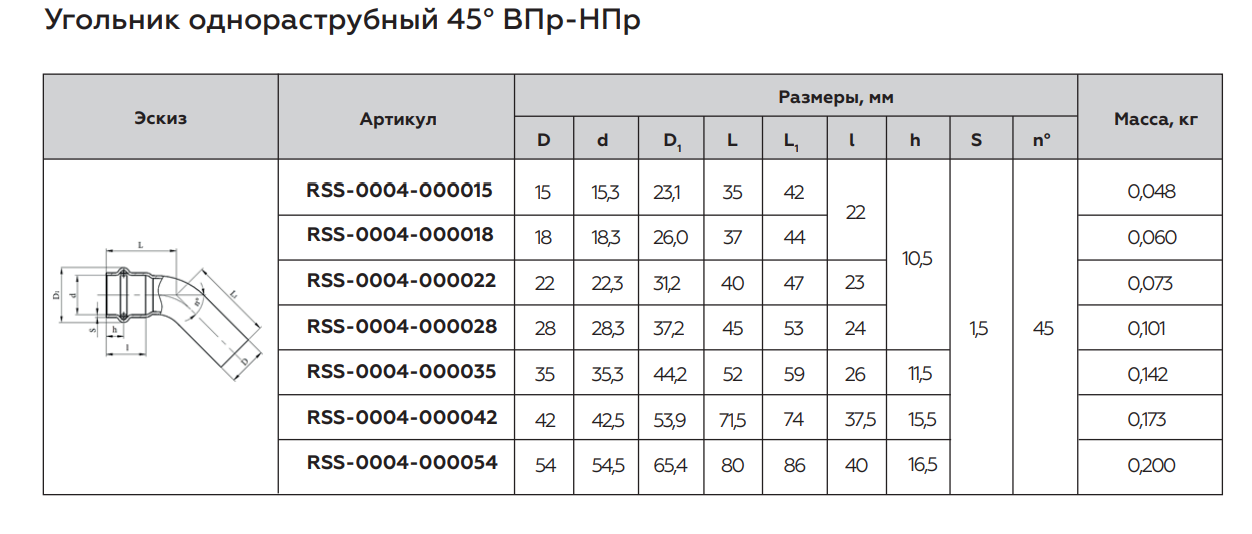 Угольник 45° ROMMER 18 ВПр-НПр однораструбный (нержавеющая сталь)