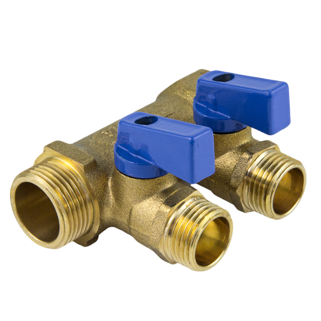 Коллектор Aquasfera 9025 3/4" ВР/НР х 1/2" НР на 3 выхода с шаровыми кранами (синие ручки)