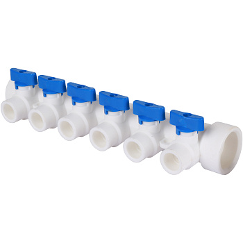 Kalde Коллектор с запорными кранами для полипропиленовых труб (6 выходов) цвет ручек синий