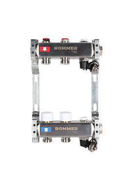 Коллектор ROMMER 1"х3/4" 2 выхода с запорными клапанами с клапаном выпуска воздуха и сливом
