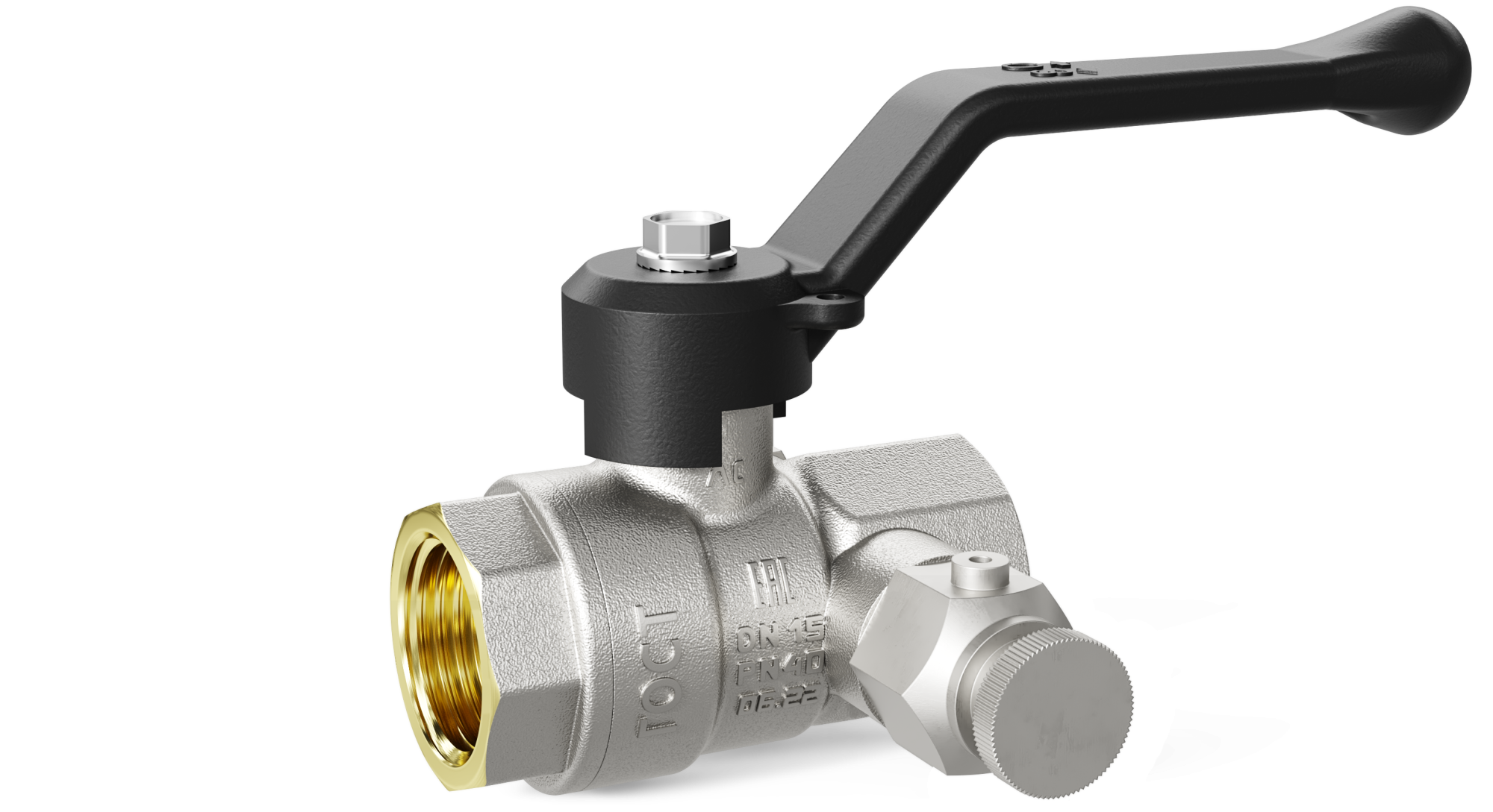 Кран шаровой LD Pride Ду15 Ру40 ВР 1/2" со спускником (рычаг черный) никель