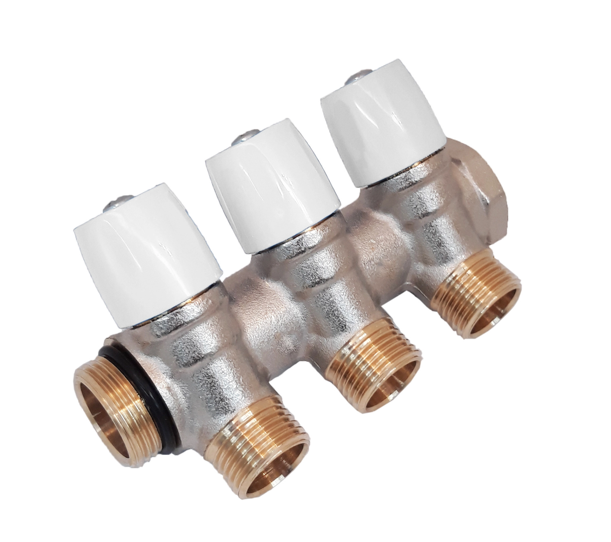 Коллектор HOOBS 3/4"х1/2"EK 3 выхода с вентилями белые маховики (никелированный)