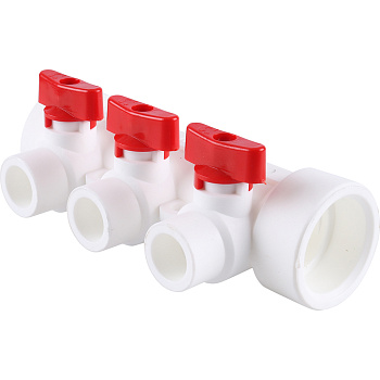 Kalde Коллектор с воздухоотводчиком и запорными кранами (3 выхода) цвет ручек красный