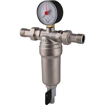 Промывной фильтр TIEMME 1/2 с манометром со сгонами (латунная колба)