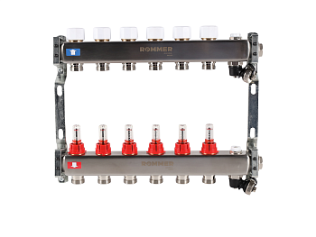 Коллектор ROMMER 1"х3/4" 6 выходов с расходомерами с клапаном выпуска воздуха и сливом