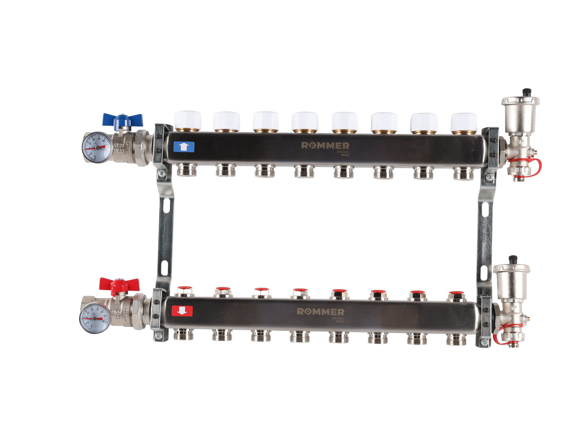 Коллектор ROMMER 1"х3/4" 8 выходов в сборе с запорными клапанами
