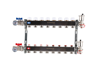 Коллектор ROMMER 1"х3/4" 8 выходов в сборе с запорными клапанами