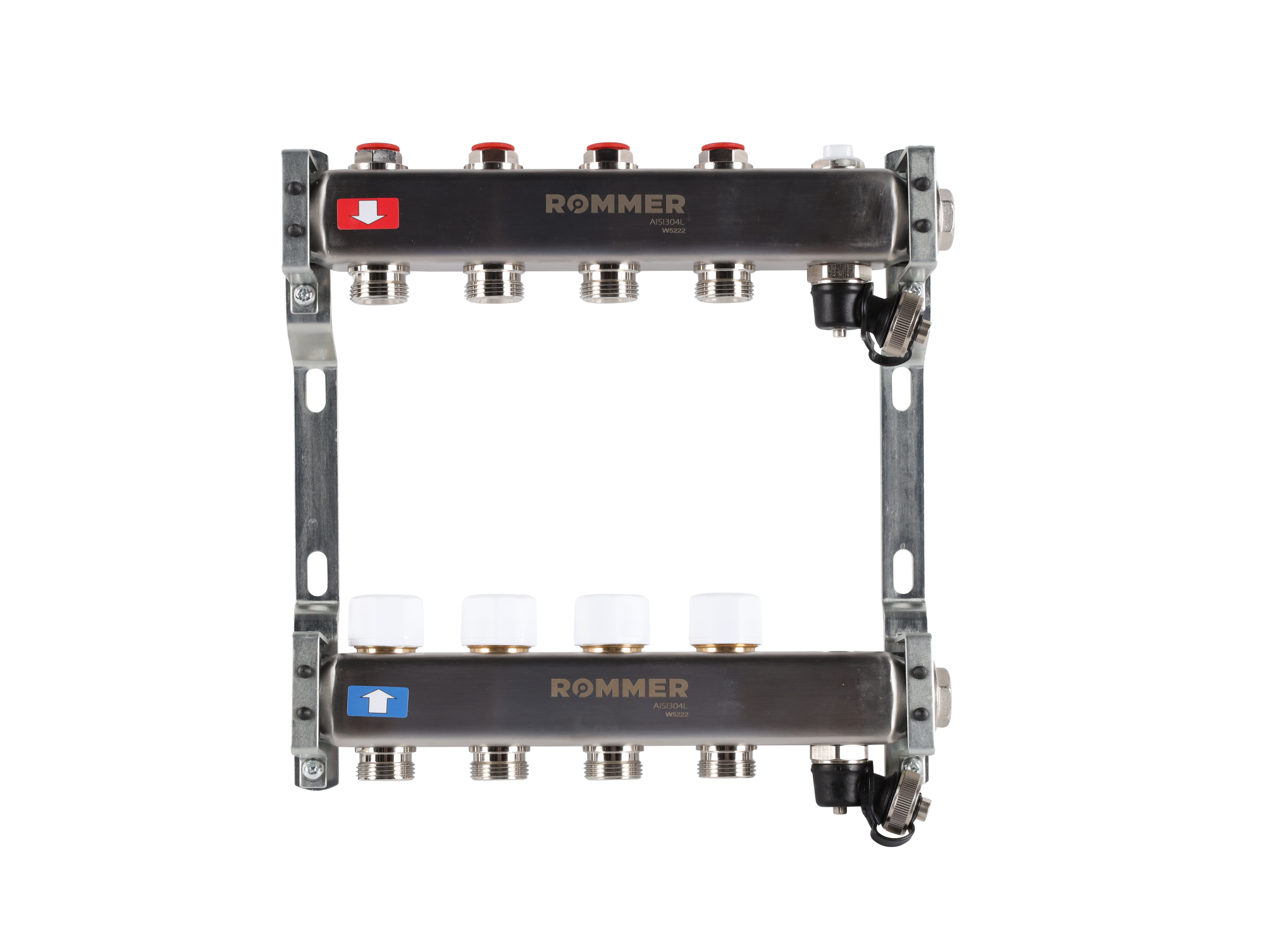 Коллектор ROMMER 1"х3/4" 4 выхода с запорными клапанами с клапаном выпуска воздуха и сливом