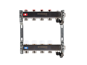 Коллектор ROMMER 1"х3/4" 4 выхода с запорными клапанами с клапаном выпуска воздуха и сливом