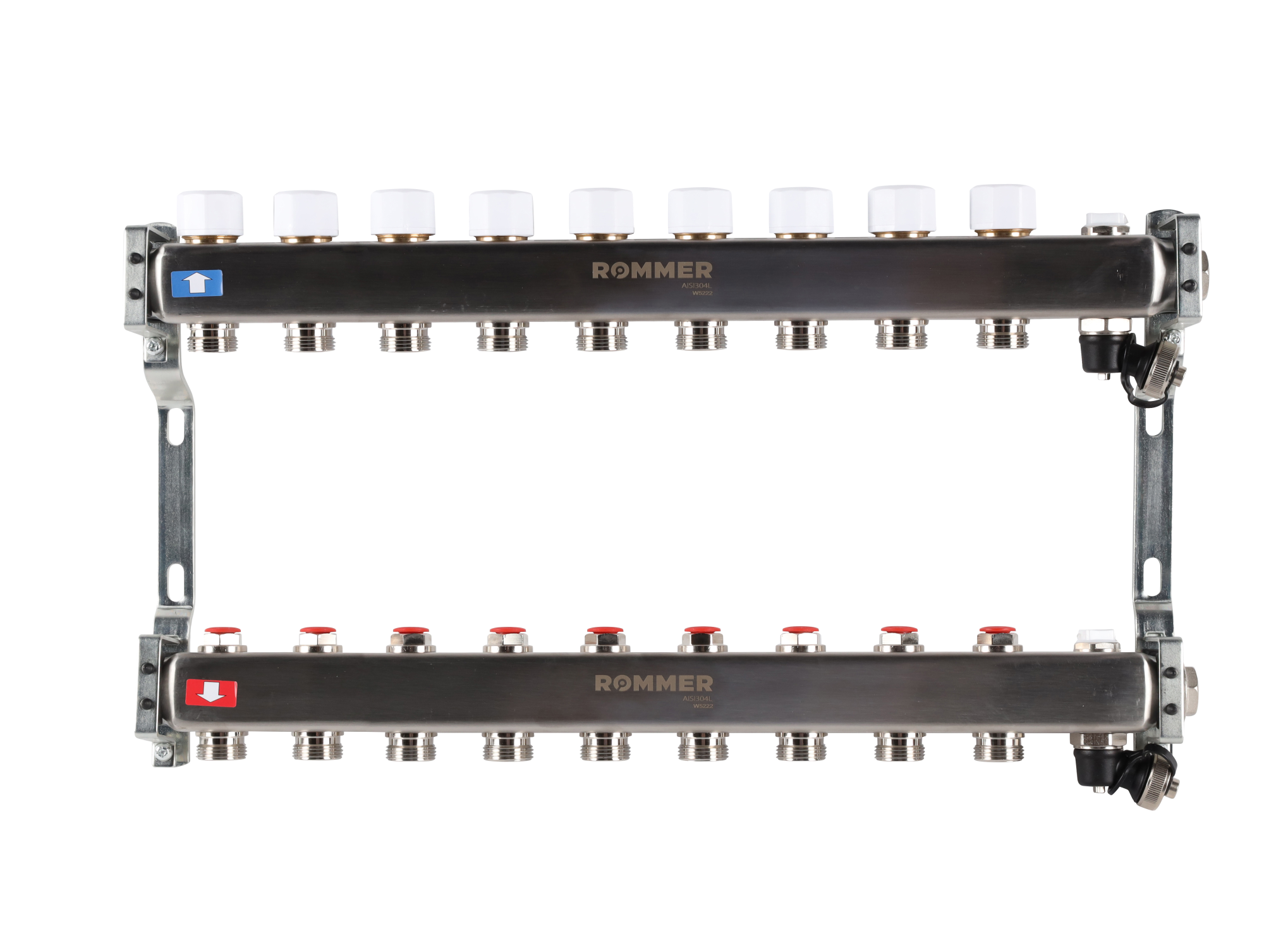 Коллектор ROMMER 1"х3/4" 9 выходов с запорными клапанами с клапаном выпуска воздуха и сливом