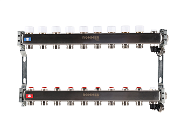 Коллектор ROMMER 1"х3/4" 9 выходов с запорными клапанами с клапаном выпуска воздуха и сливом