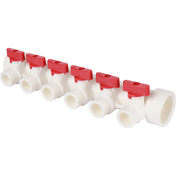 Kalde Коллектор с запорными кранами для полипропиленовых труб (6 выходов) цвет ручек красный