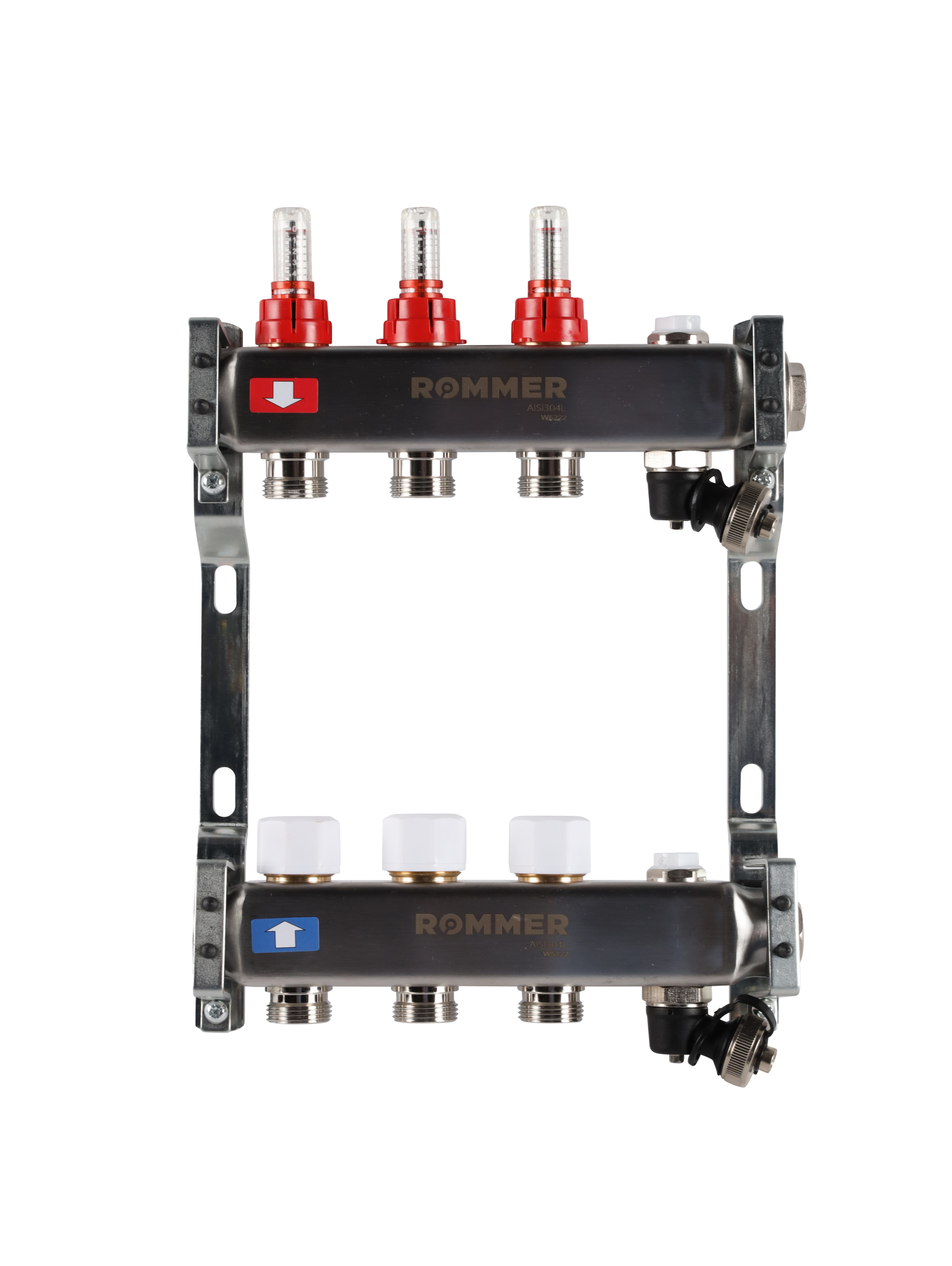 Коллектор ROMMER 1"х3/4" 3 выхода с расходомерами с клапаном выпуска воздуха и сливом