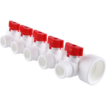 Kalde Коллектор с запорными кранами для полипропиленовых труб (5 выходов) цвет ручек красный