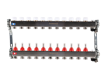 Коллектор ROMMER 1"х3/4" 11 выходов с расходомерами с клапаном выпуска воздуха и сливом