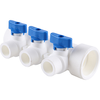 Kalde Коллектор с запорными кранами для полипропиленовых труб (3 выхода) цвет ручек синий