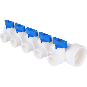 Kalde Коллектор с запорными кранами для полипропиленовых труб (5 выходов) цвет ручек синий