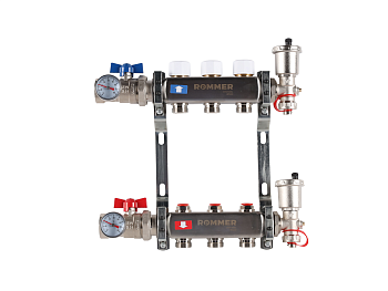 Коллектор ROMMER 1"х3/4" 3 выхода в сборе с запорными клапанами