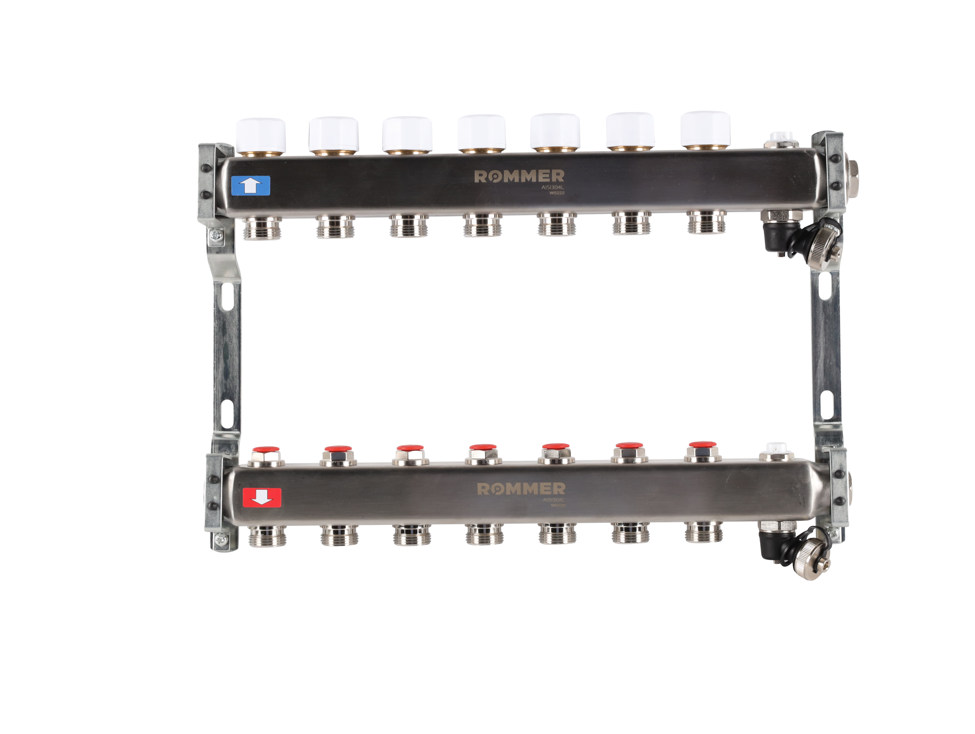 Коллектор ROMMER 1"х3/4" 7 выходов с запорными клапанами с клапаном выпуска воздуха и сливом