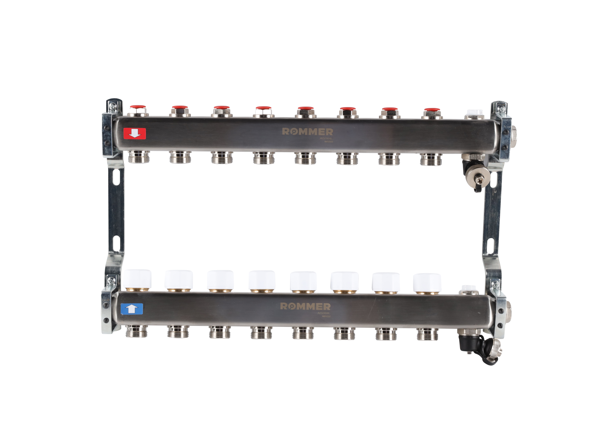 Коллектор ROMMER 1"х3/4" 8 выходов с запорными клапанами с клапаном выпуска воздуха и сливом