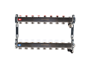 Коллектор ROMMER 1"х3/4" 8 выходов с запорными клапанами с клапаном выпуска воздуха и сливом
