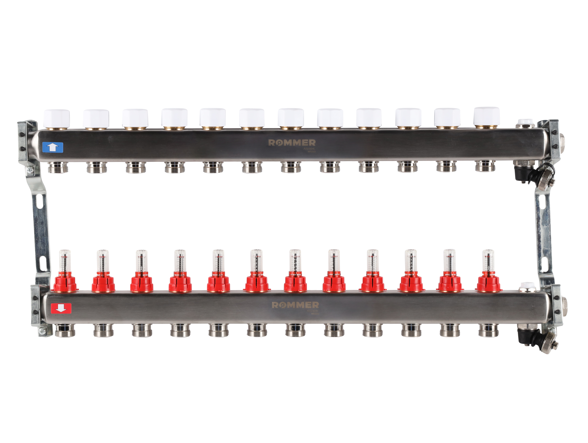Коллектор ROMMER 1"х3/4" 12 выходов с расходомерами с клапаном выпуска воздуха и сливом