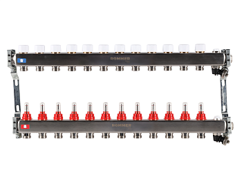 Коллектор ROMMER 1"х3/4" 12 выходов с расходомерами с клапаном выпуска воздуха и сливом