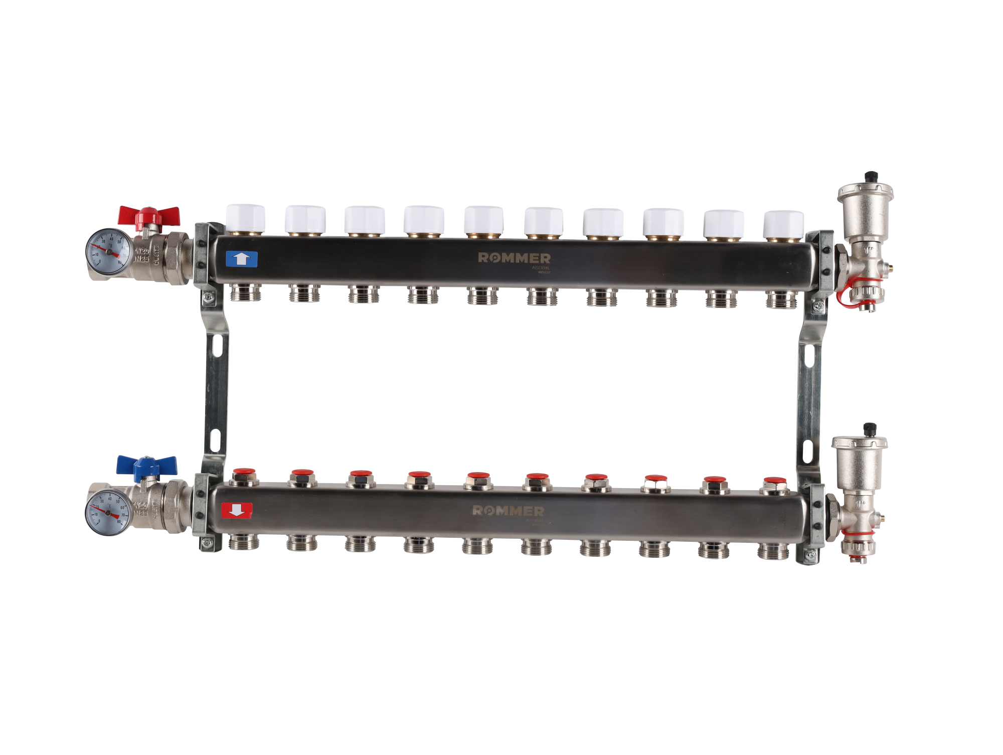 Коллектор ROMMER 1"х3/4" 10 выходов в сборе с запорными клапанами
