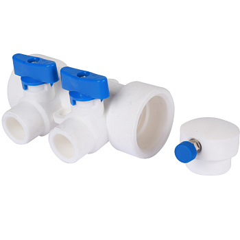 Kalde Коллектор с воздухоотводчиком и запорными кранами (2 выхода) цвет ручек синий