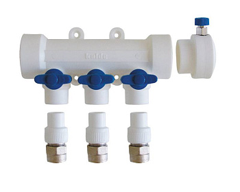 Kalde Коллектор с воздухоотводчиком и запорными кранами (6 выходов) цвет ручек синий