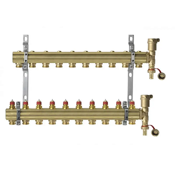 Коллекторная группа Danfoss FHF-10 10 контуров с кронштейнами и воздухоотводчиками