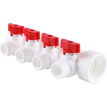 Kalde Коллектор с запорными кранами для полипропиленовых труб (4 выхода) цвет ручек красный