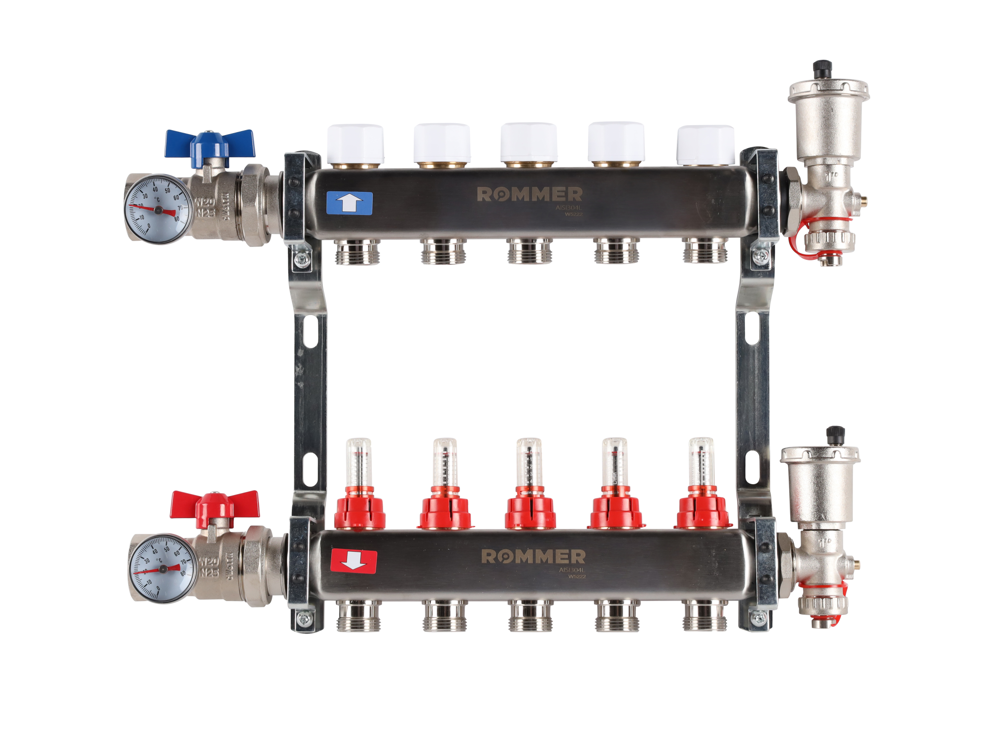 Коллектор ROMMER 1"х3/4" 5 выходов в сборе с расходомерами