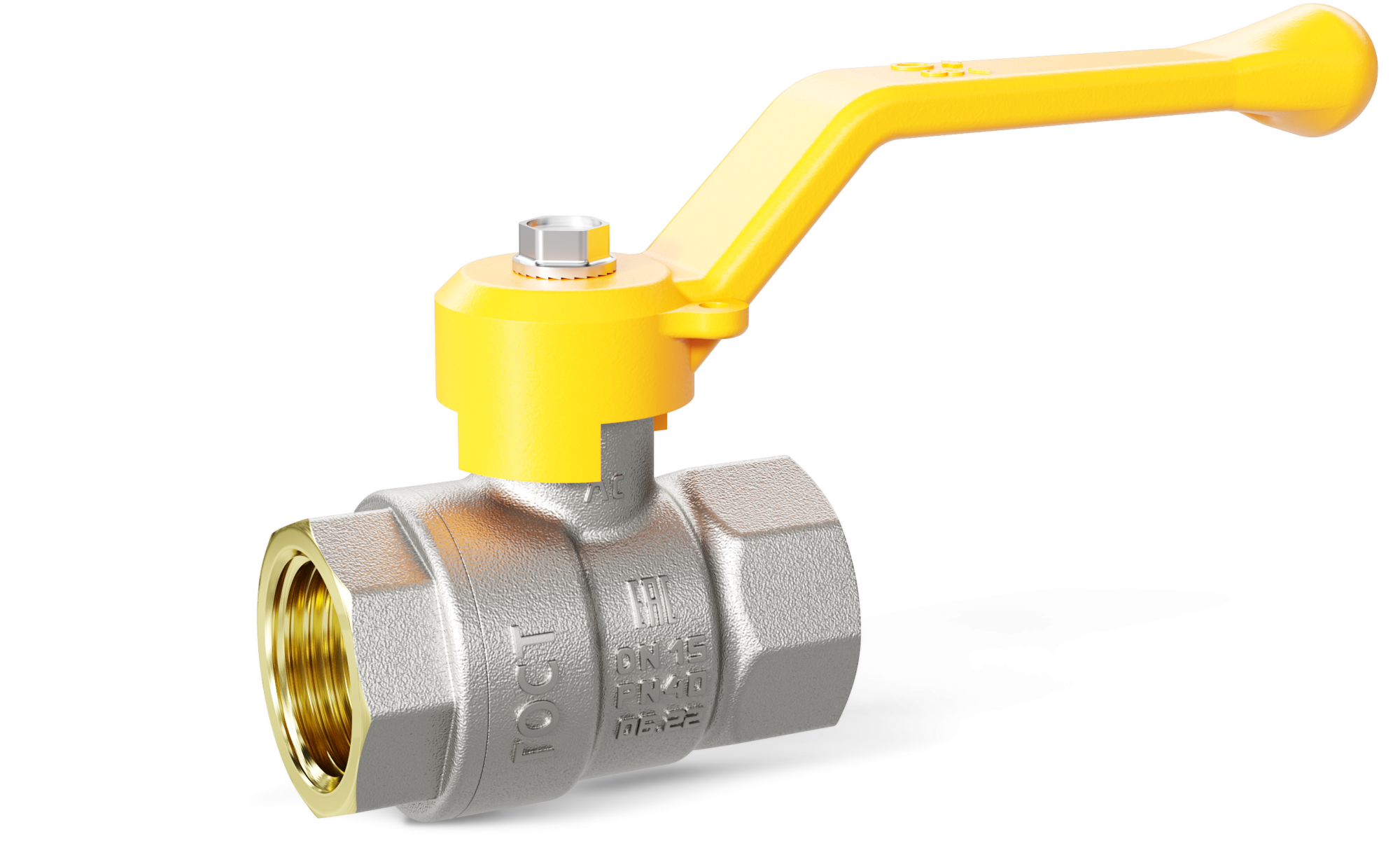 Кран шаровой LD Pride Ду40 Ру25 ВР для газа полнопроходной (рычаг желтый) никель