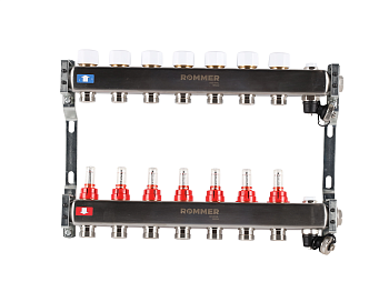 Коллектор ROMMER 1"х3/4" 7 выходов с расходомерами с клапаном выпуска воздуха и сливом