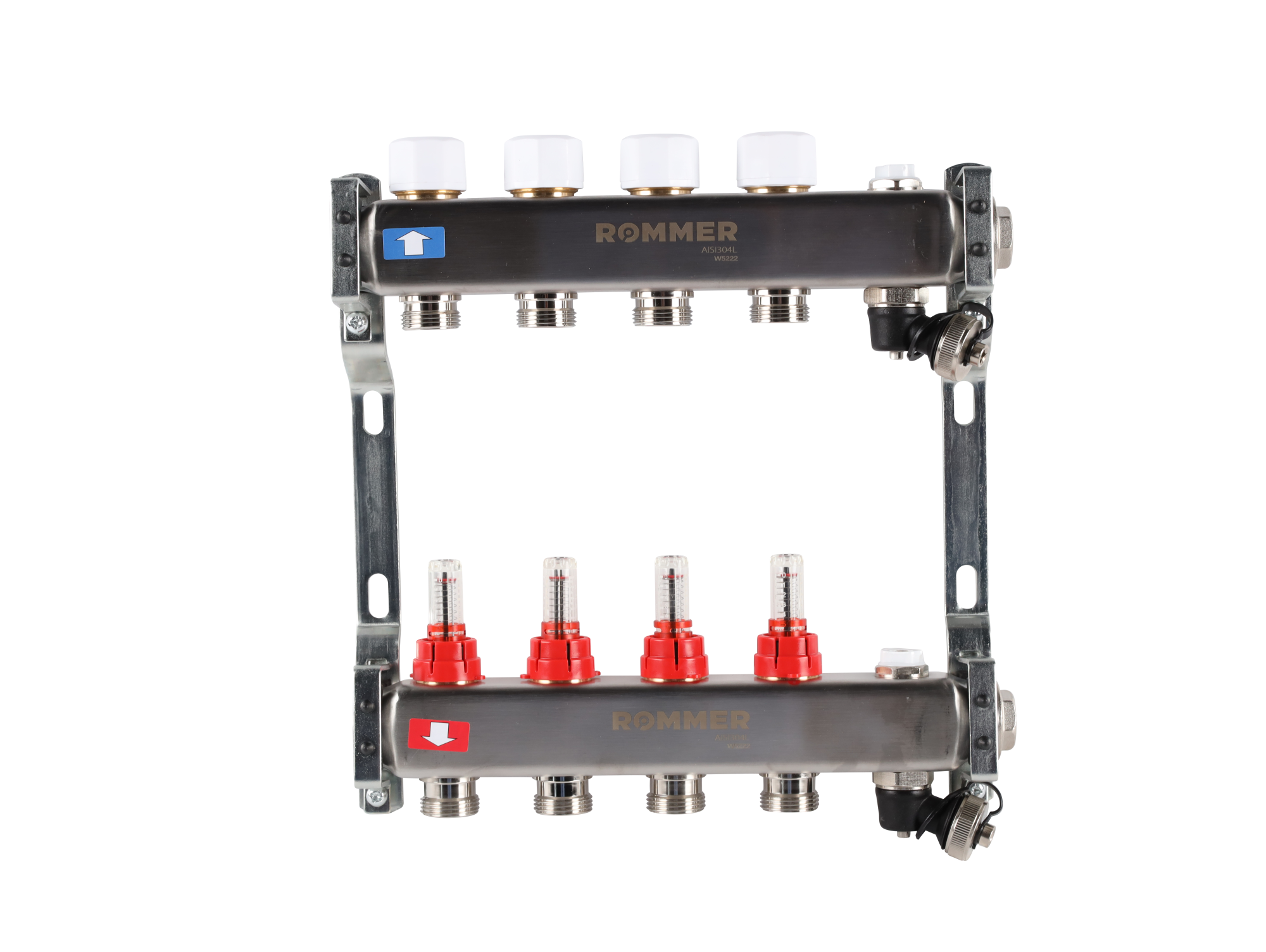 Коллектор ROMMER 1"х3/4" 4 выхода с расходомерами с клапаном выпуска воздуха и сливом