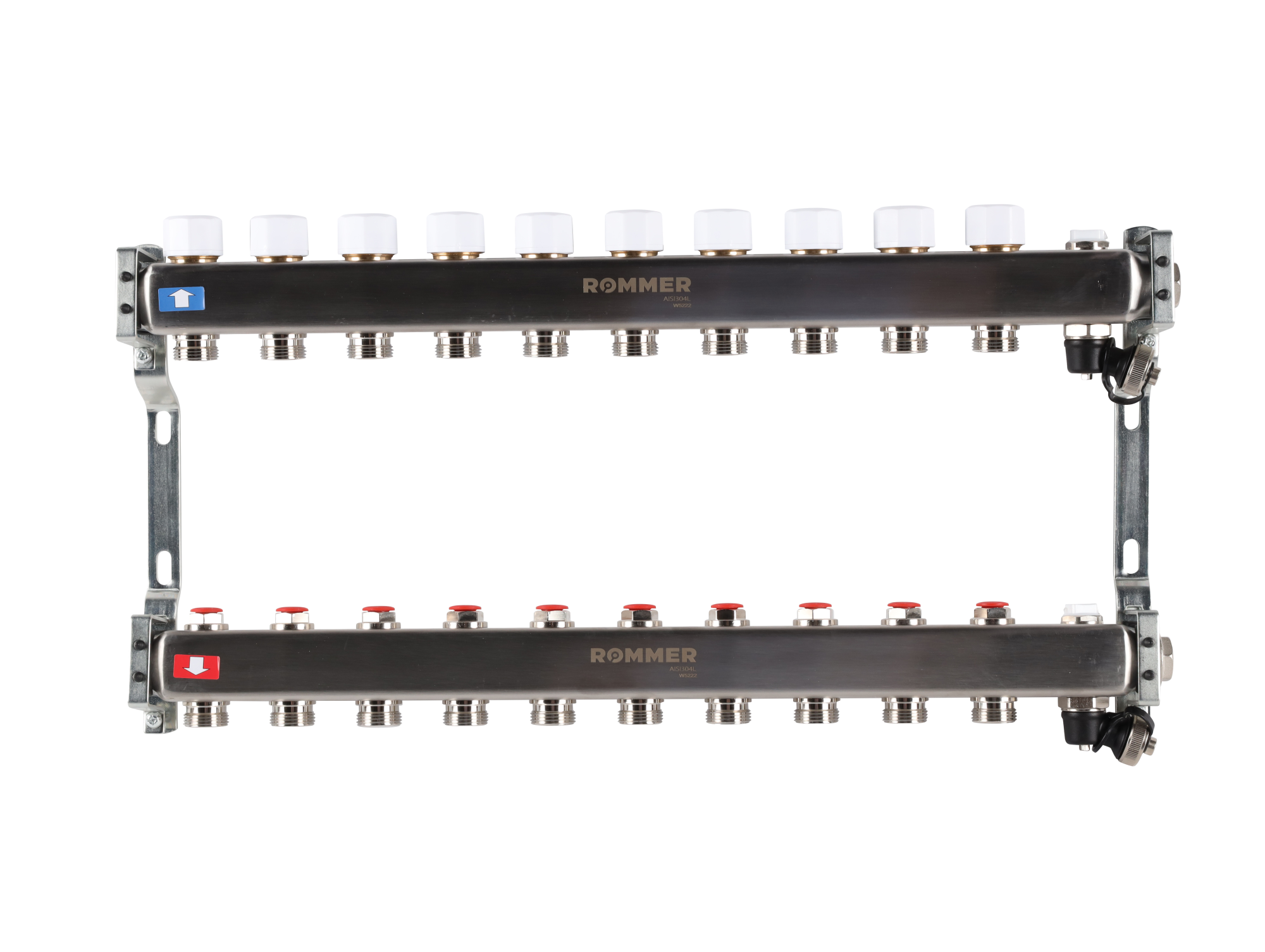 Коллектор ROMMER 1"х3/4" 10 выходов с запорными клапанами с клапаном выпуска воздуха и сливом