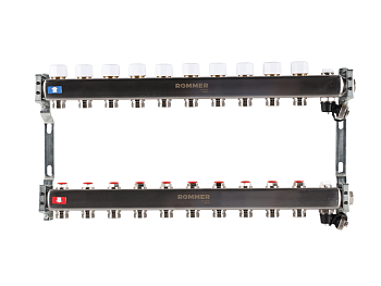 Коллектор ROMMER 1"х3/4" 10 выходов с запорными клапанами с клапаном выпуска воздуха и сливом