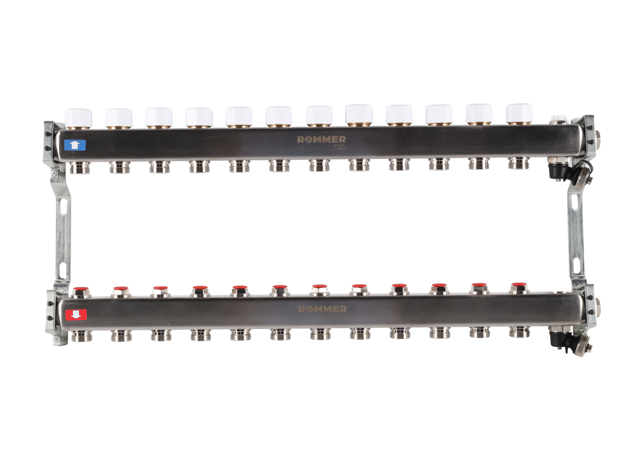 Коллектор ROMMER 1"х3/4" 12 выходов с запорными клапанами с клапаном выпуска воздуха и сливом