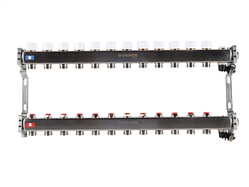 Коллектор ROMMER 1"х3/4" 12 выходов с запорными клапанами с клапаном выпуска воздуха и сливом